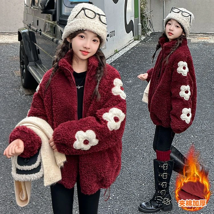 女童秋冬外套2024中大童女孩新款时尚内里绗线夹棉冬季加厚毛毛衣