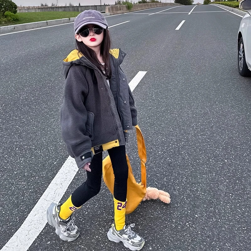 女童毛毛衣外套秋冬装2024新款儿童大童韩版宽松加棉加厚连帽上衣