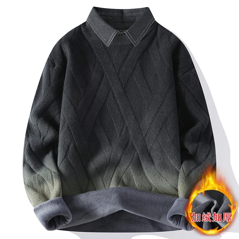 渐变色毛衣男款冬季假两件衬衫领加绒加厚潮牌毛线衣慵懒风针织衫