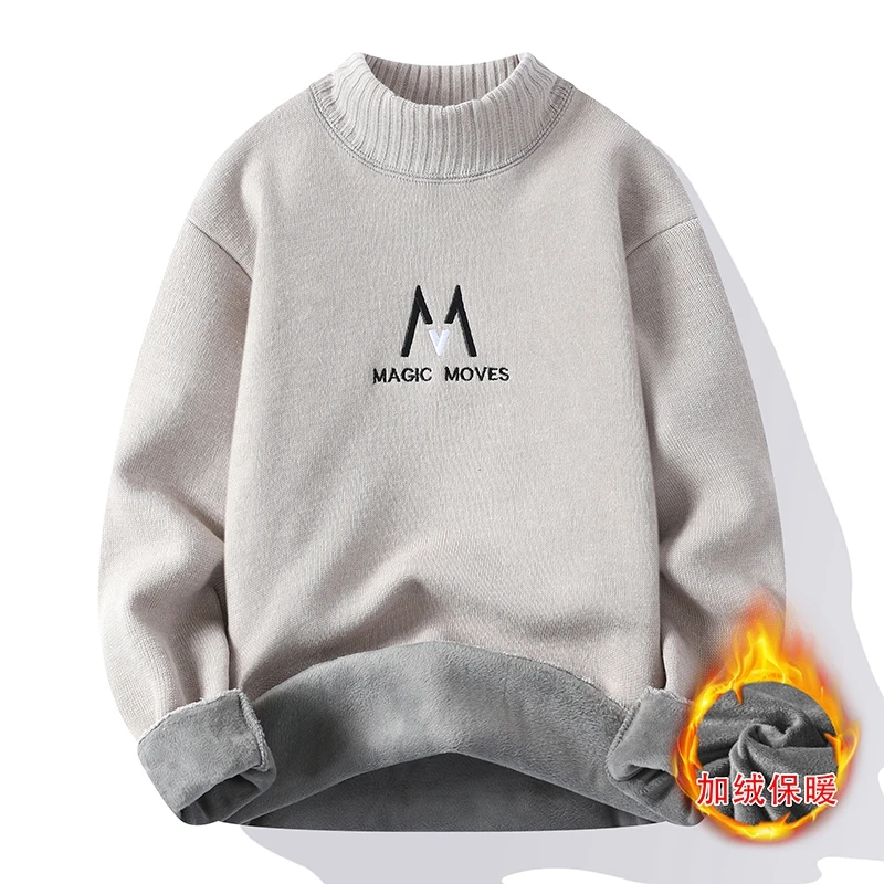 毛线衣男士休闲时尚潮流半高领宽松加绒保暖针织打底上衣服一体绒