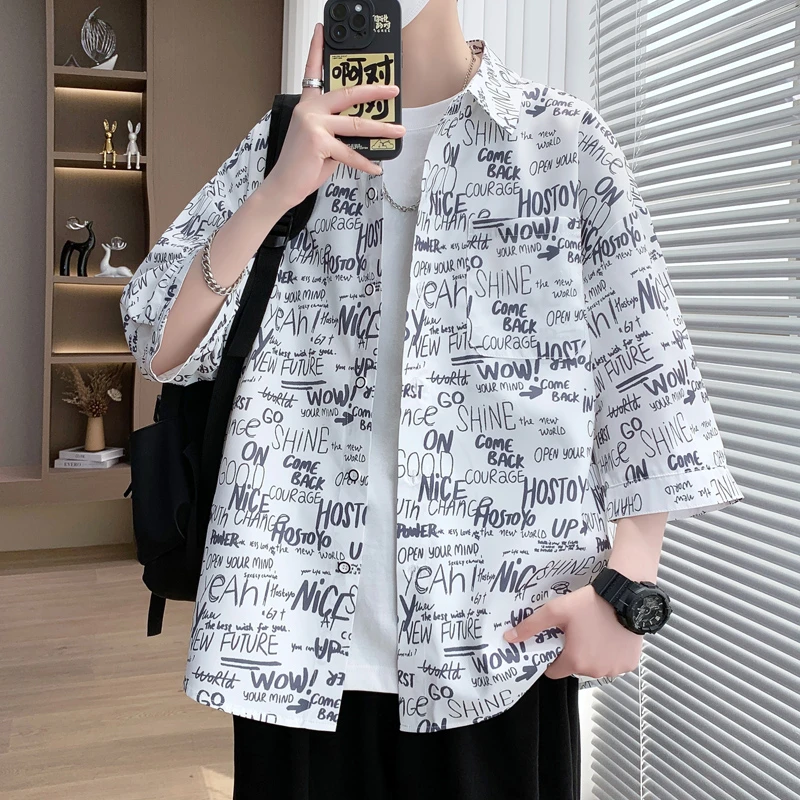 夏季短袖衬衫男士薄款休闲印花衬衣百搭痞帅气七分袖中袖ins外套