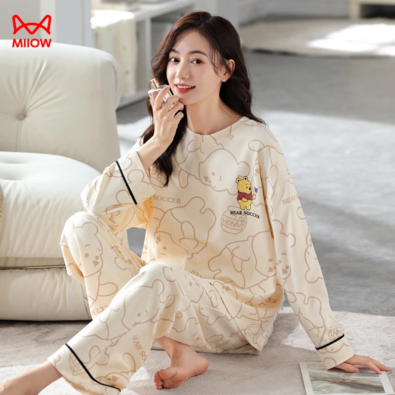 MiiOW/猫人【100%纯棉】女士休闲睡衣套装圆领长袖休闲家居服可外穿