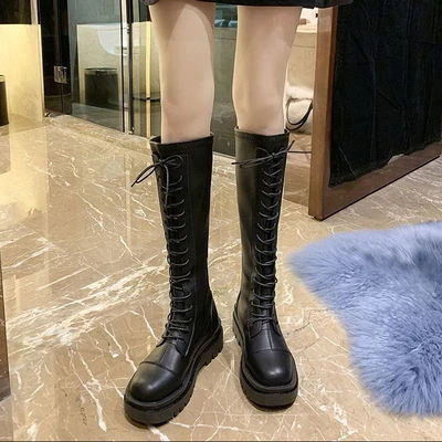 系带长筒靴女秋季新款厚底平底不过膝靴高筒瘦瘦靴骑士靴子显瘦