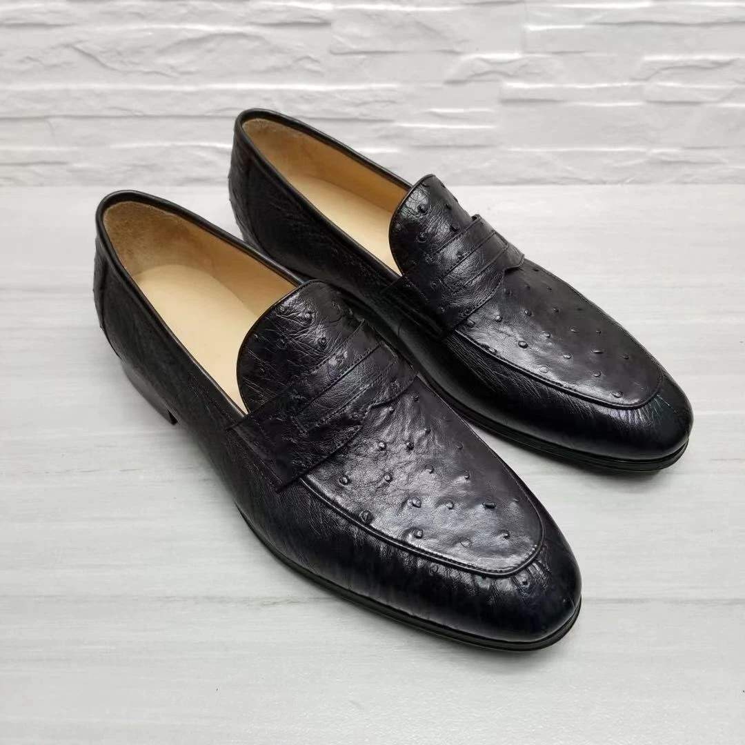 【主播推荐】全鸵鸟皮男鞋商务套脚男士皮鞋尖头398下单付米链接