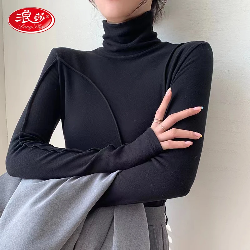 浪莎双面德绒高领打底衫女秋冬新款内搭修身学生磨毛长袖t恤女