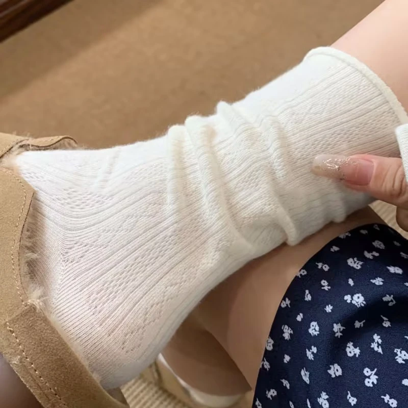 文艺月子袜袜子女夏季薄款黑白复古奶油系卷边暗纹百搭堆堆袜防滑