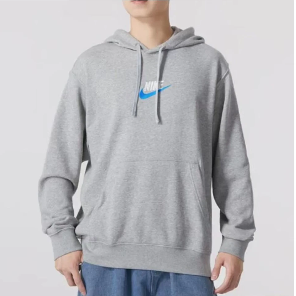 NikeFB7789-063男款法式刺绣Logo印花跑步加绒运动卫衣带帽灰色