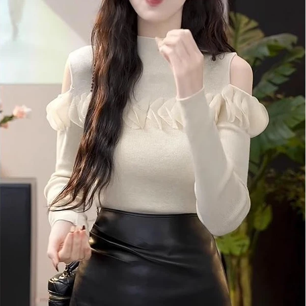 半高领露肩网纱花边针织衫女2025春季欧货洋气修身显瘦打底衫上衣