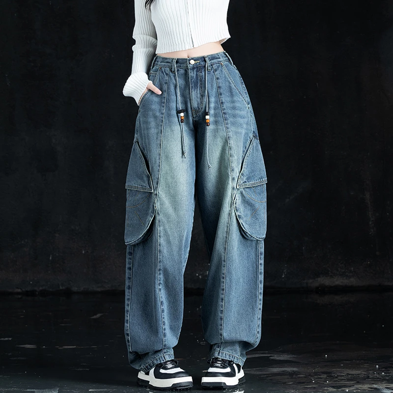 潮牌牛仔裤女款2025新款时尚潮流秋冬高街弯刀裤子宽松工装阔腿裤