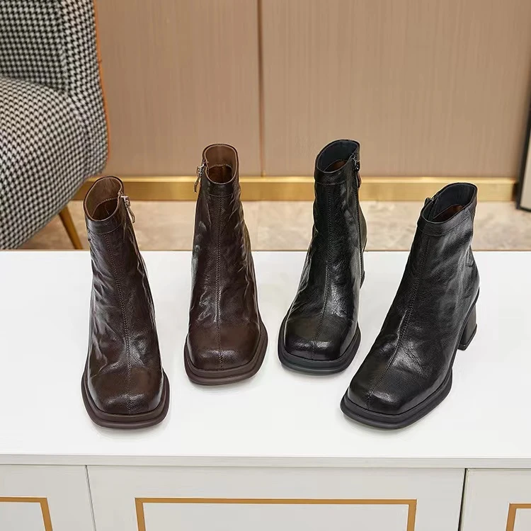 2024新款时尚百搭复古厚底羊皮粗跟矮靴
