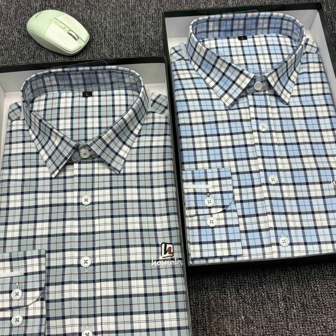 男士格子长袖棉衬衫时尚宽松男士长袖中年春秋衬衣吸汗百搭打底