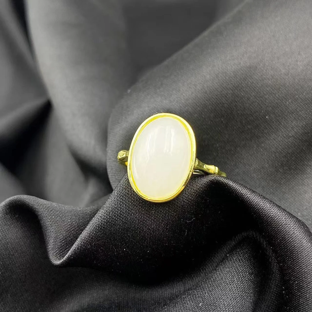 和田玉极光白气质鸽子蛋戒指A468-赠包装合金