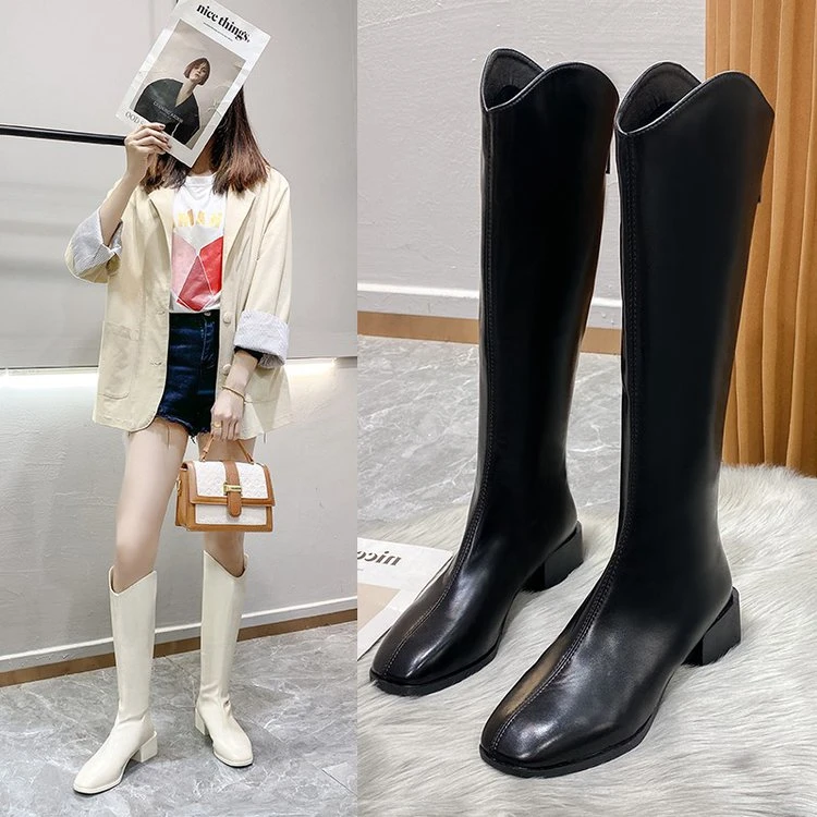高筒靴子女2023秋冬新款不过膝时尚百搭显高爆款粗跟骑士靴长筒靴