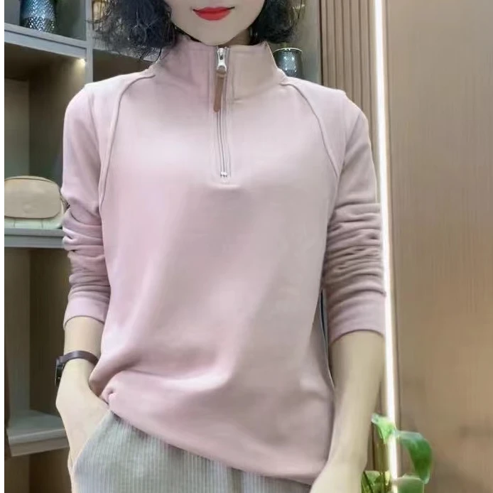 0225新款奥绒拼接立领套头T恤打底衫女