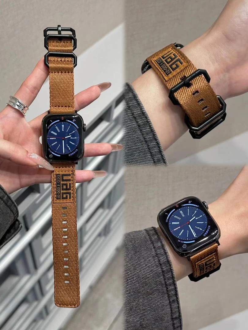 适用Apple苹果SE手表iwatchS8Ultra9代654321尼龙帆布三扣UAG表带