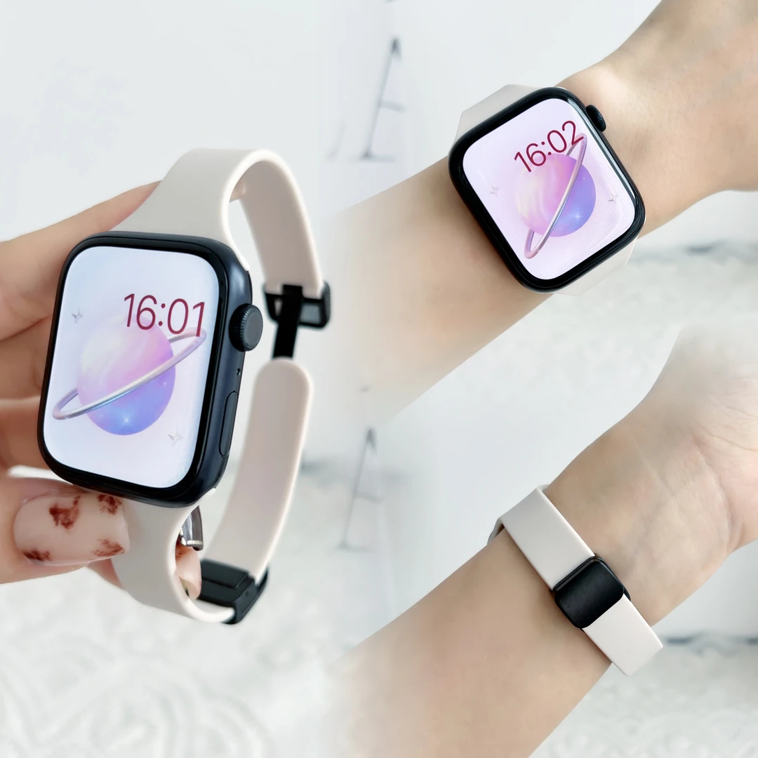 适用苹果手表带ApplewatchS8765432SE细小蛮腰硅胶磁吸扣百搭表带