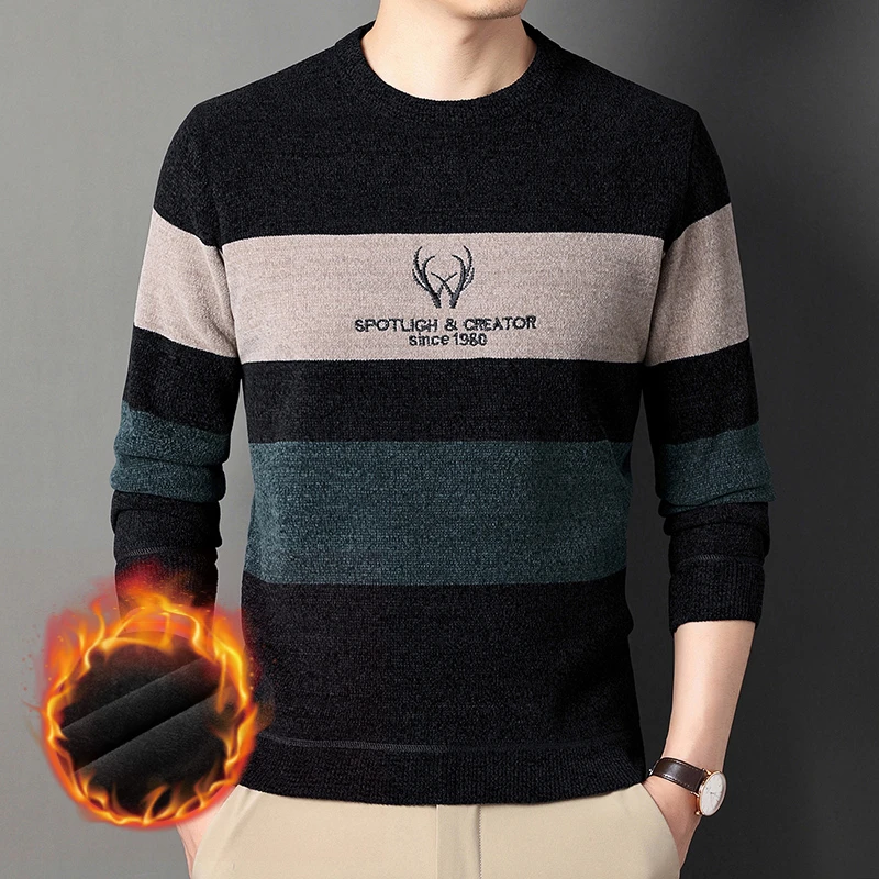 冬季雪尼尔加绒加厚毛衣男士休闲保暖内搭圆领针织打底衫男上衣