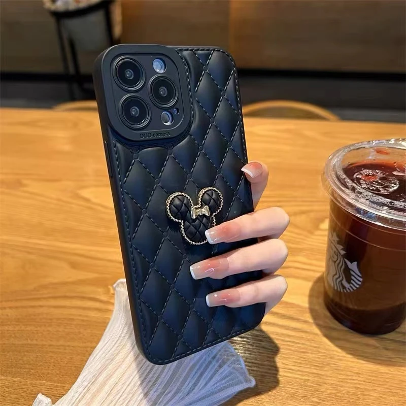 黑色菱格立体小奇头适用苹果15promax手机壳iphone14pro/13全包12