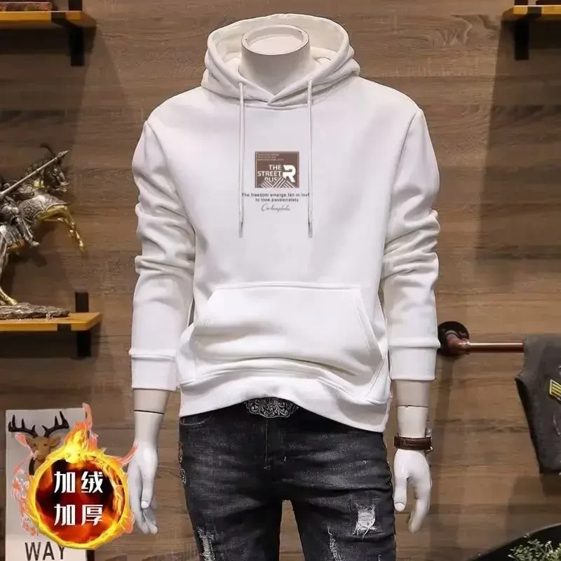 2025秋冬欧货潮牌印花连帽卫衣男士新款加绒百搭套头上衣修身长袖
