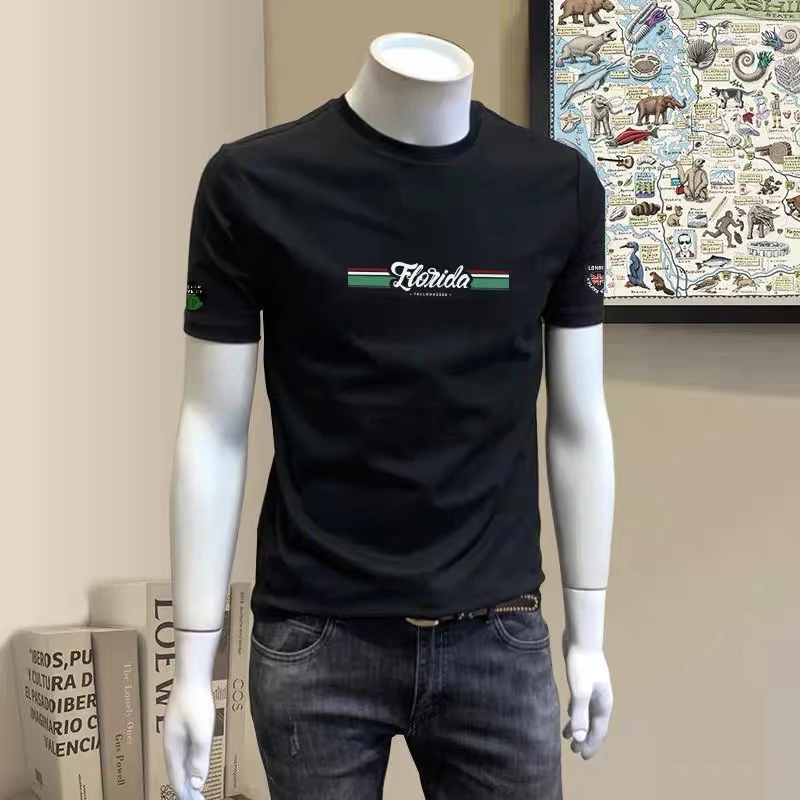 欧洲站潮牌印花徽章男士T恤短袖夏季潮流修身休闲半袖百搭体恤衫