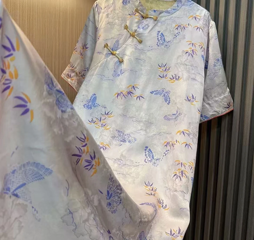 隐蝶-斜襟盘扣中国风女中长款蓝蝶连衣裙