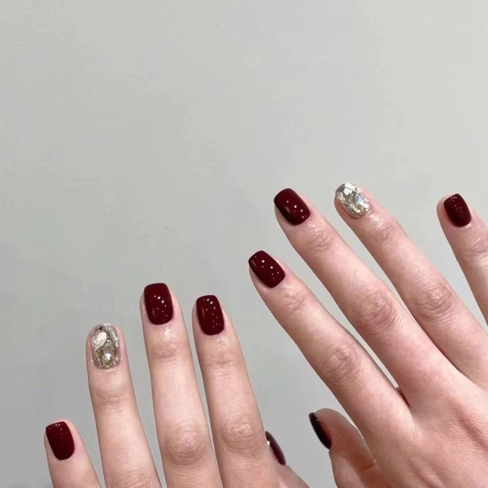 纯手工美甲穿戴甲酒红色闪钻甲片指甲贴美甲贴2025新款婚甲新娘甲