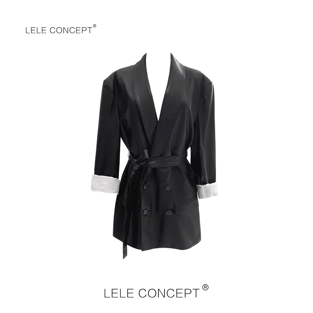 LELE CONCEPT丨【丽】新款时尚高级感百搭翻袖腰带皮衣P0021