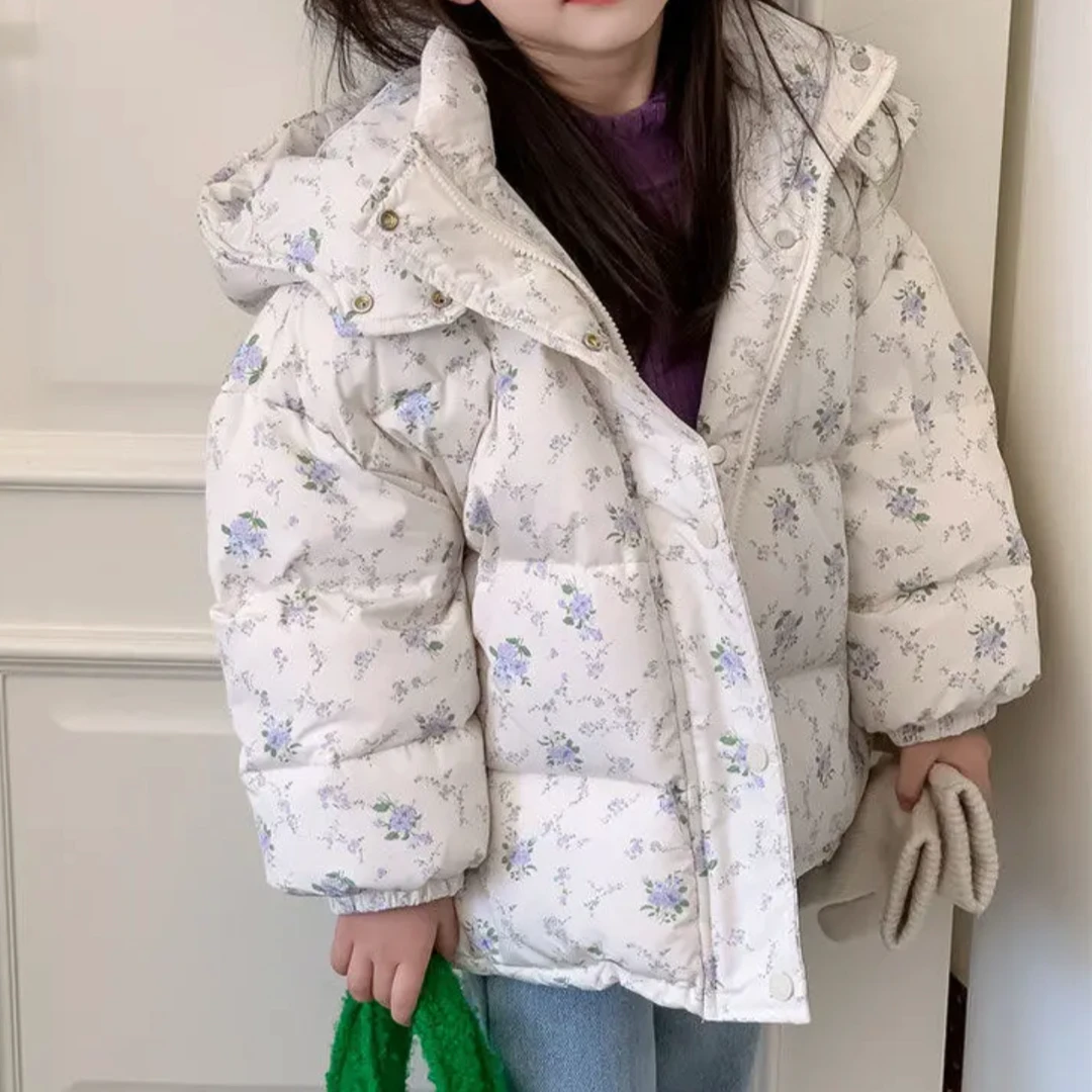 女童冬季保暖棉服百搭新款韩版休闲时尚短款洋气加厚印花连帽棉袄