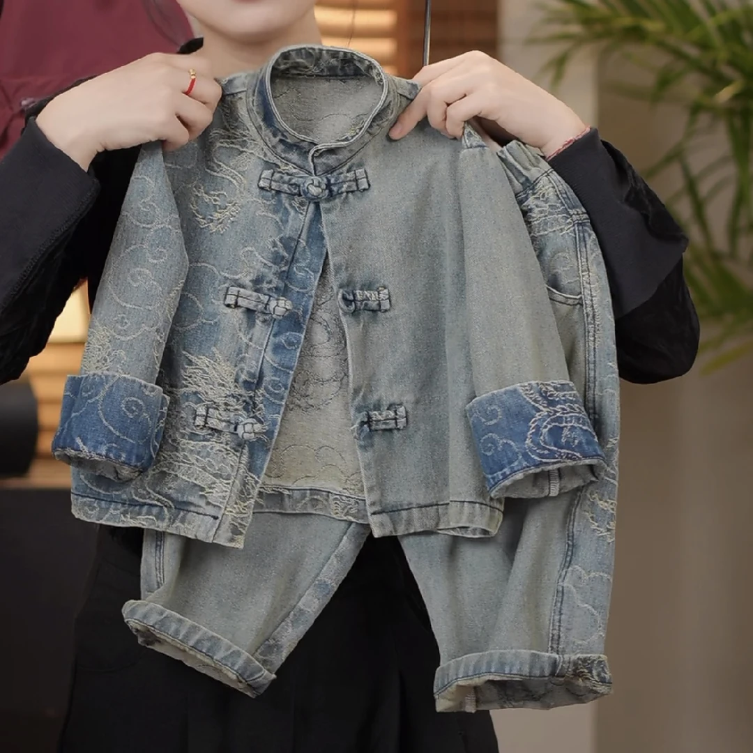 2025秋季新中式儿童中小童复古牛仔国风盘扣立领外套拼接宽松裤子