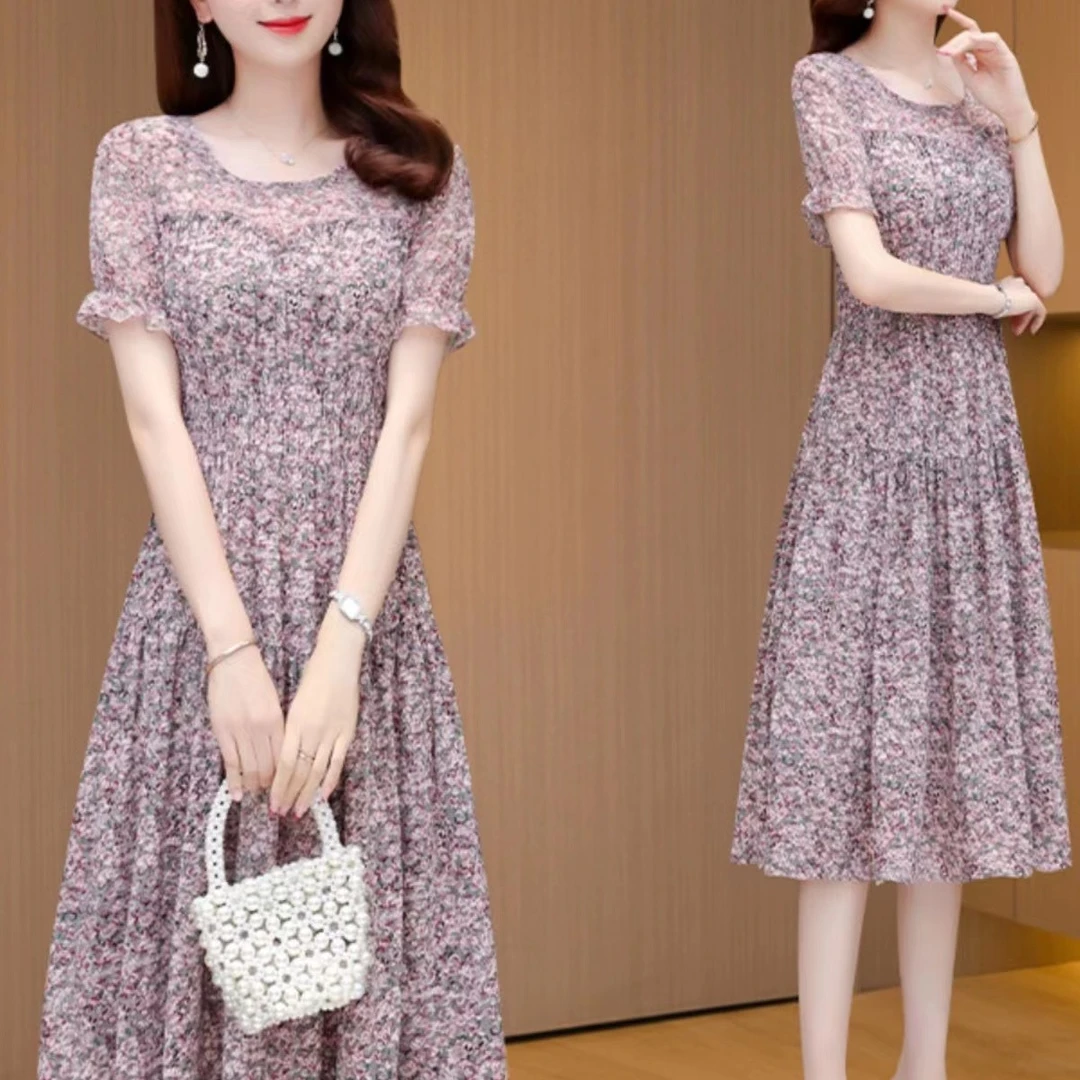 A9933-时尚显瘦气质连衣裙夏季修身碎花中长款裙