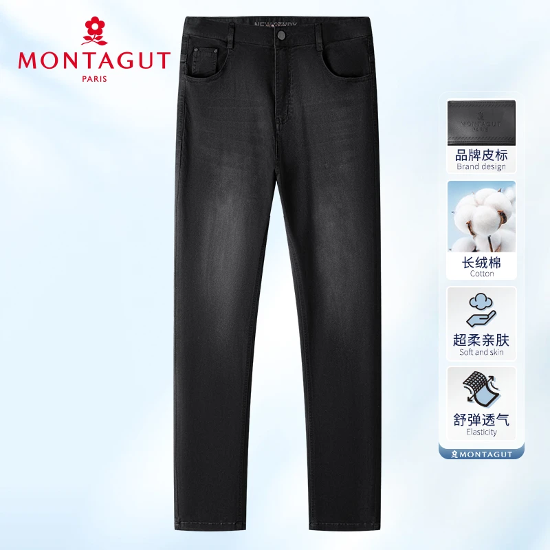 梦特娇春秋男士牛仔裤商务休闲水洗黑牛长裤子透气抗皱384176007