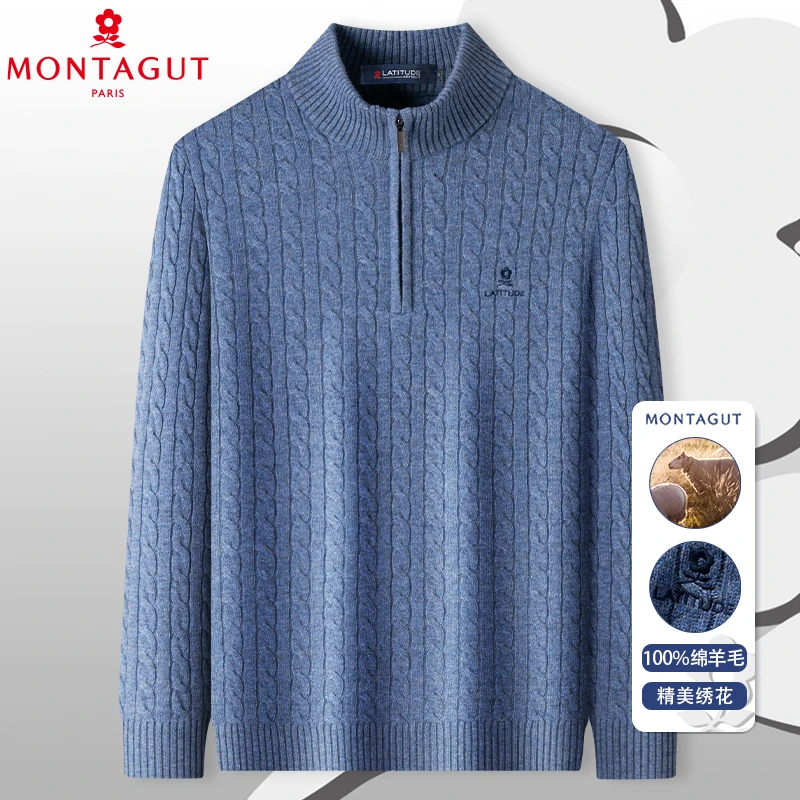 梦特娇【100%绵羊毛】冬季拉链立领男士加厚保暖纯羊毛衫针织毛衣