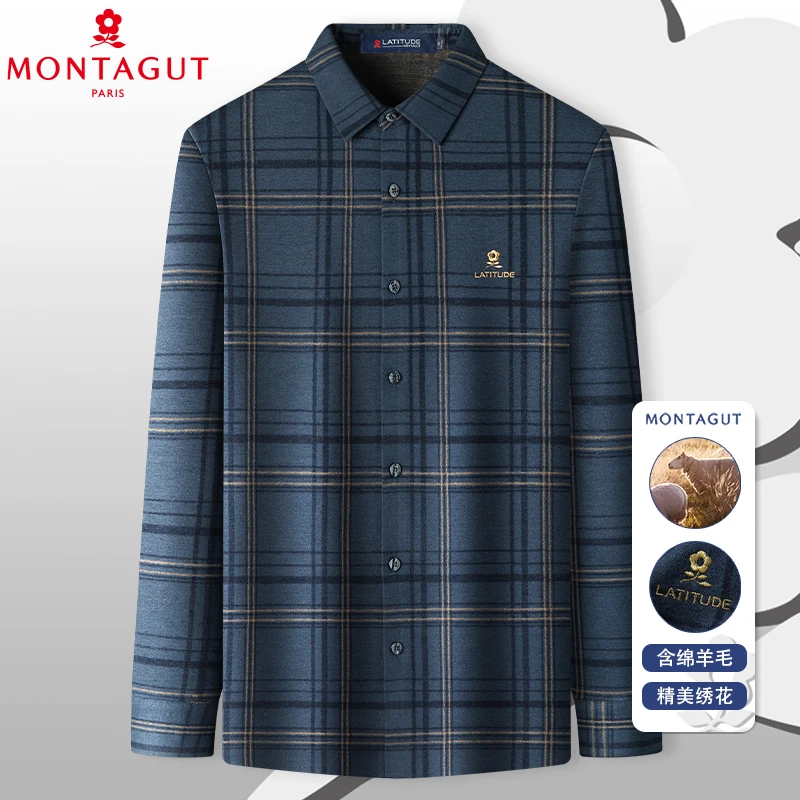 梦特娇秋冬新款男士衬衫长袖格子休闲高端商务免烫加厚衬衣寸衫