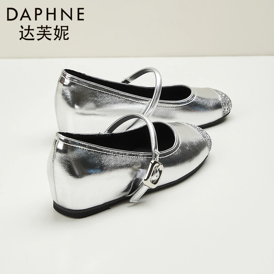 达芙妮银色单鞋女法式拼接软底芭蕾舞鞋2025秋新款一字带玛丽珍鞋