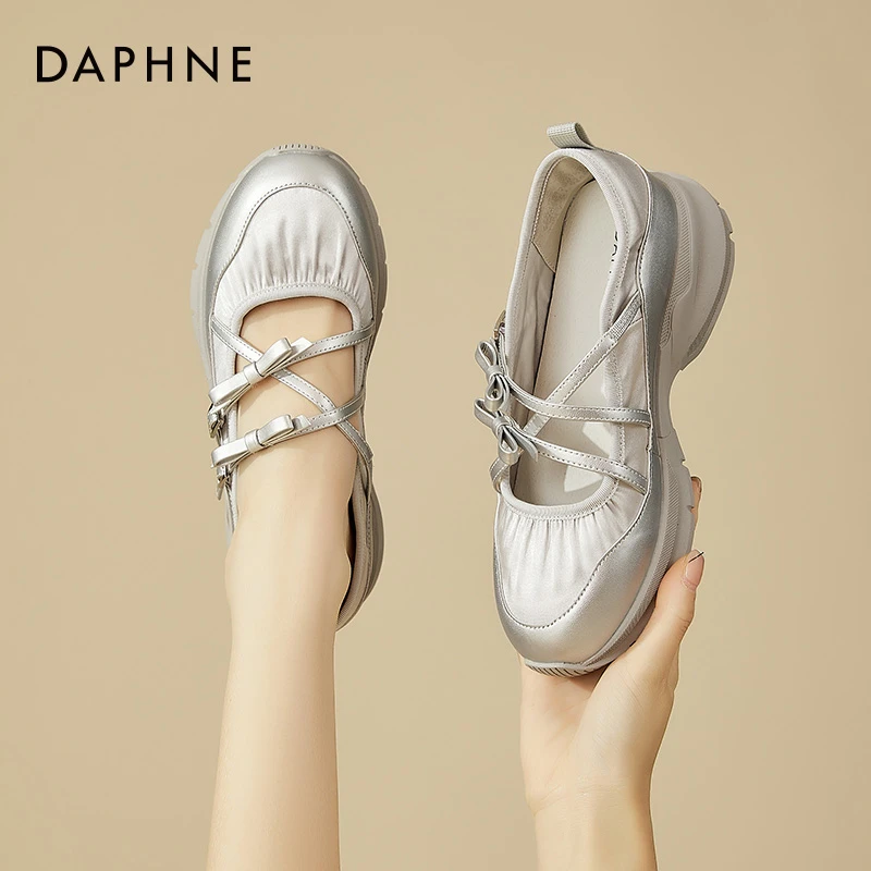 达芙妮厚底银色芭蕾鞋女2025新款秋季蝴蝶结丑萌玛丽珍鞋浅口单鞋