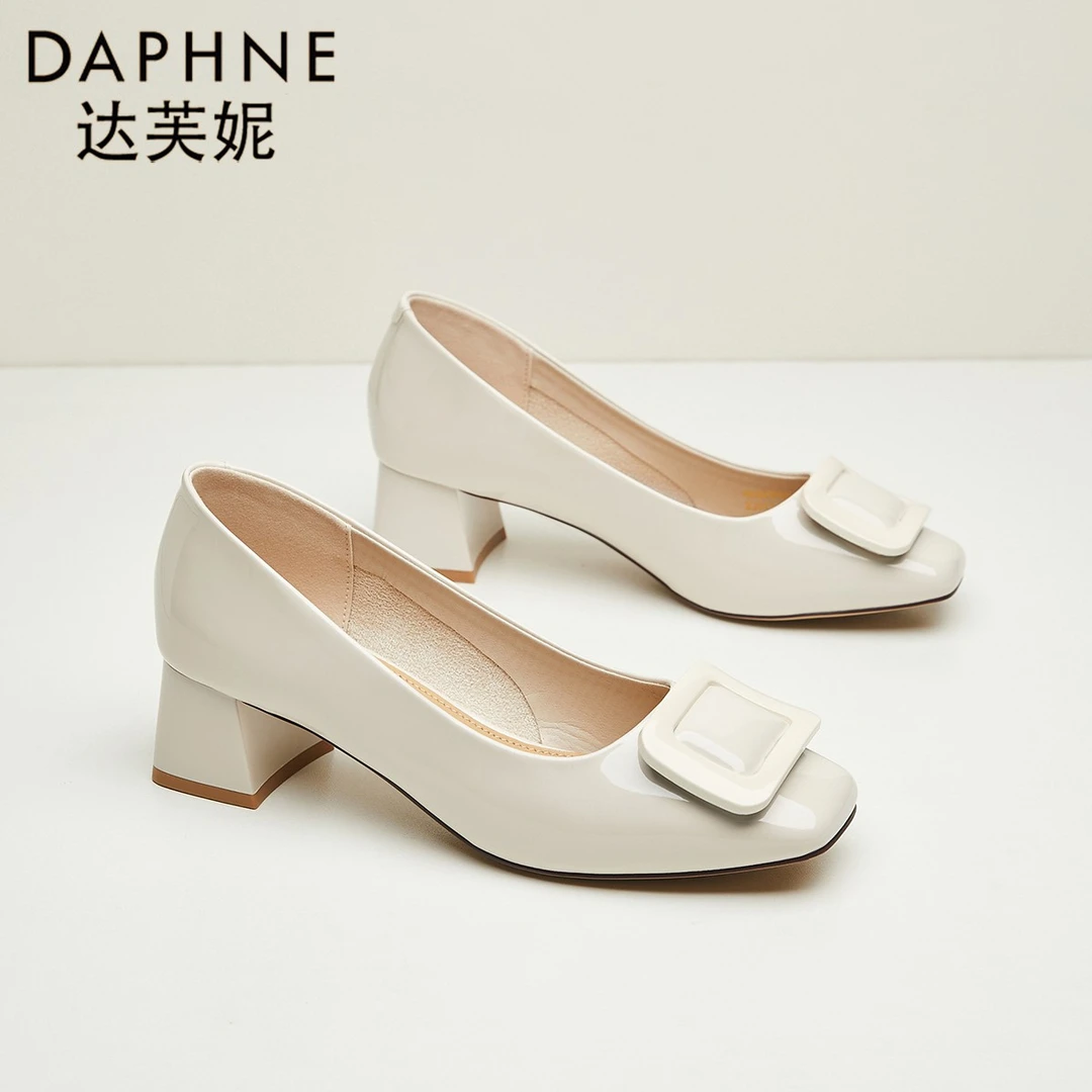 达芙妮白色高跟鞋女方头粗跟浅口软底不累脚2025新款中跟工作单鞋