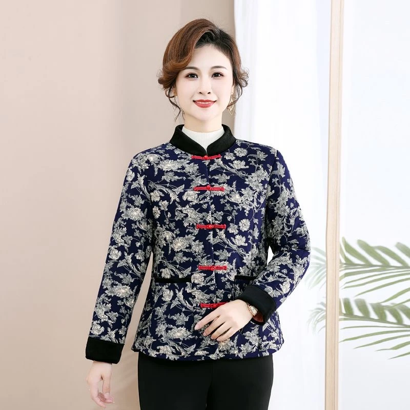 秋冬中老年时尚加绒棉袄加厚上衣外套复古保暖宽松妈妈棉服