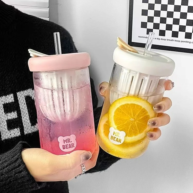 高颜值玻璃吸管杯时尚玻璃杯子男女学生随手杯情侣便携奶茶杯简约