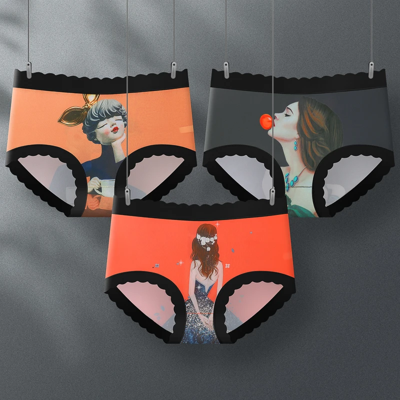 女士内裤超薄款冰丝柔软舒适透气大码中腰个性图案女生三角内裤头