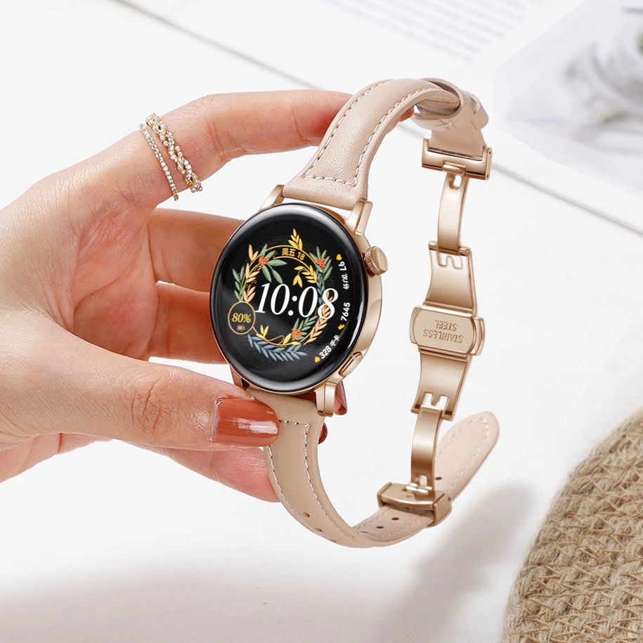 适用华为GT3手表带gt2男女款表带gt3pro运动Fit2真皮蝴蝶扣细表链