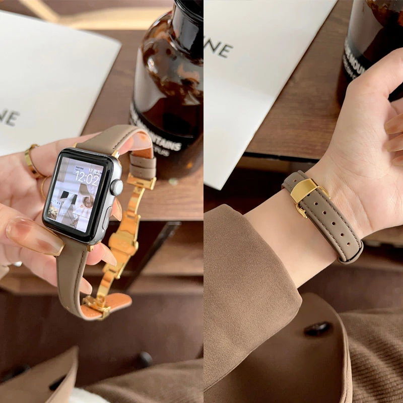 适用苹果手表s8/9表带蝴蝶扣真皮apple watch765432代SE女生腕带