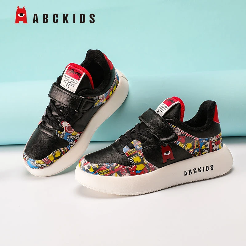 Abckids童鞋加绒款中大童板鞋女童男童运动板鞋轻便时尚涂鸦风格