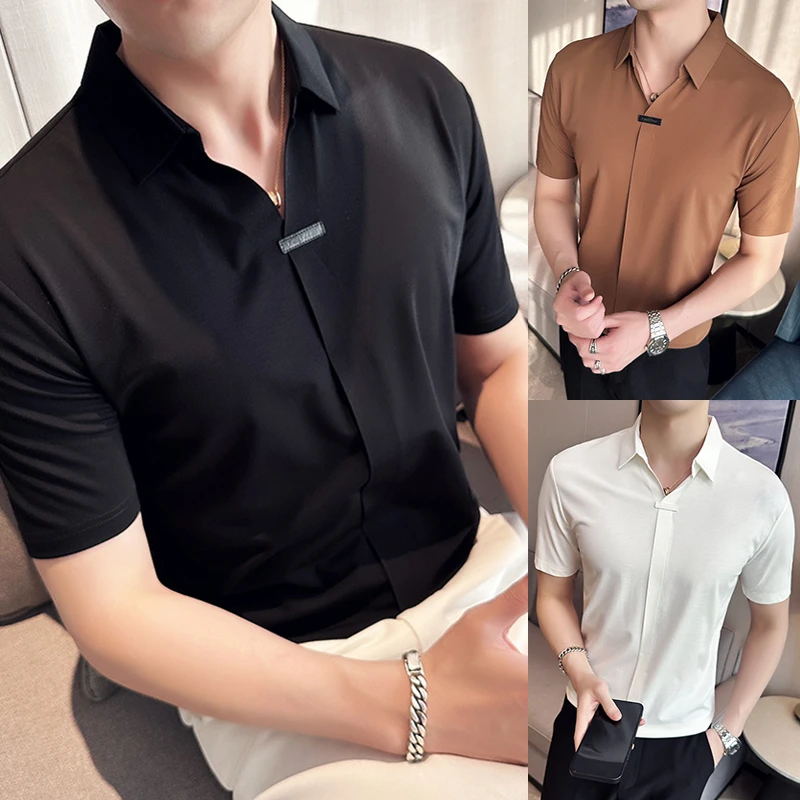 高级感弹力冰丝免烫衬衫V领男士夏季短袖潮牌半袖衬衣翻领polo衫