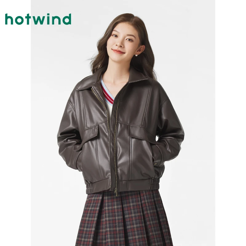 热风2025年春季新款女士箱型仿皮外套复古机车风美拉德F07W25100