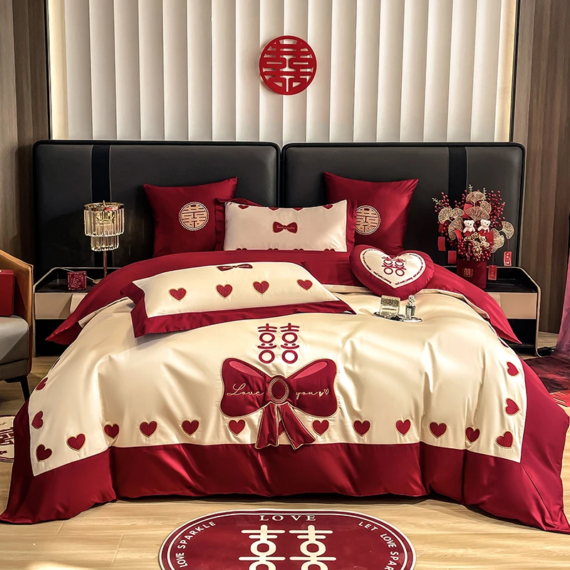 水星家纺适用公主风结婚四件套新婚朱红色喜庆100s长绒棉抱枕床品