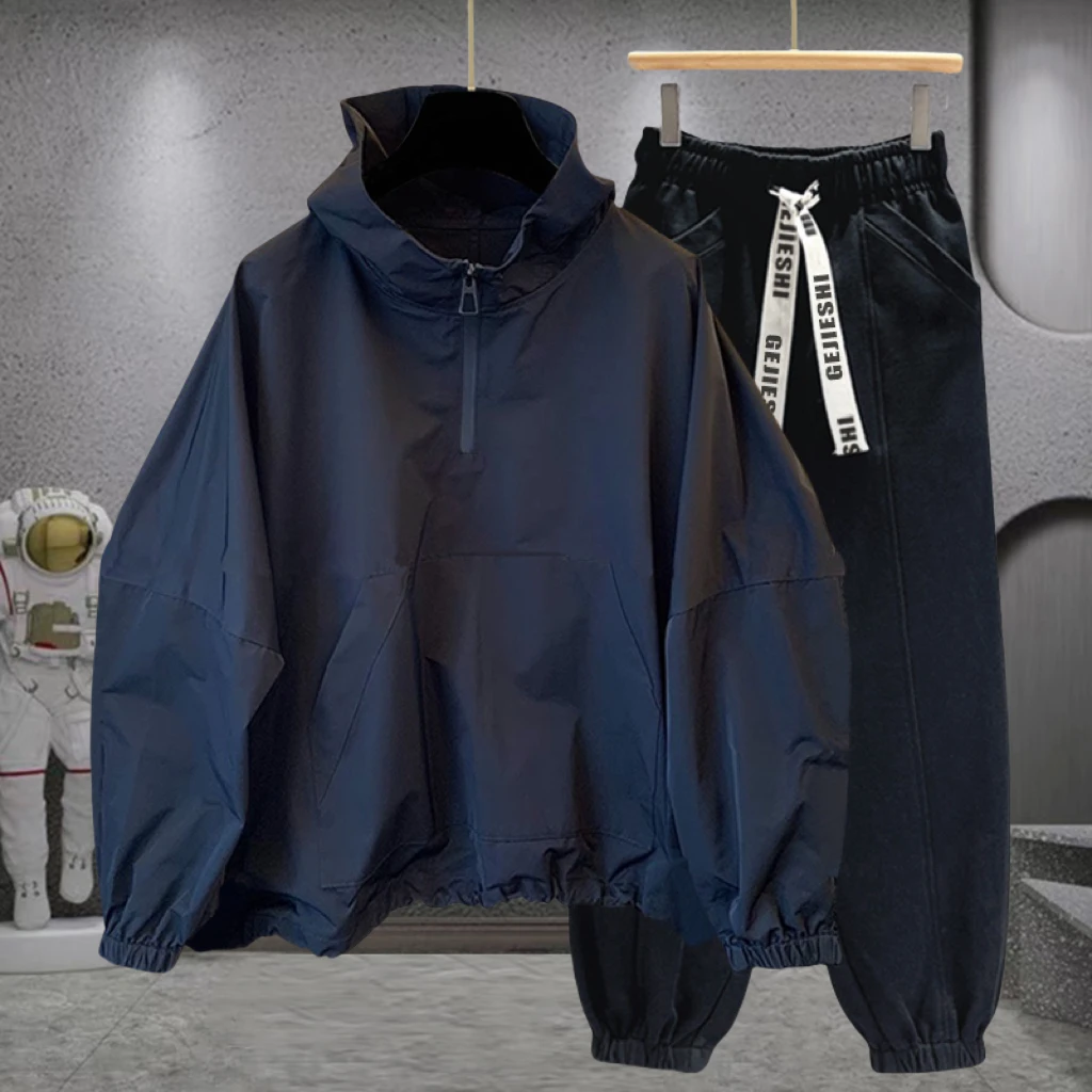 春秋季运动套装男士韩版潮流高档帅气宽松工装连帽风衣百搭款外套