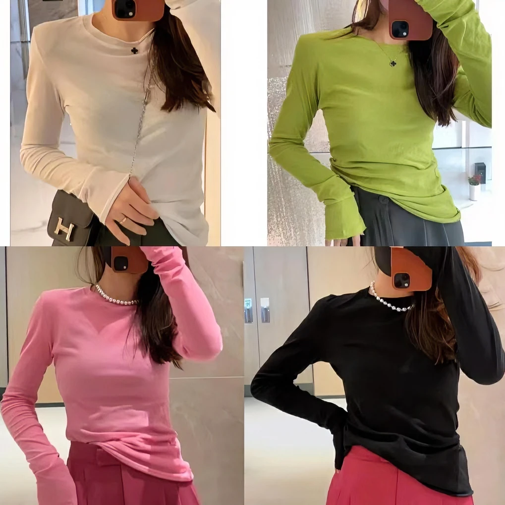 纸片人薄款显瘦小众高级感长袖打底衫夏季新款圆领纯色面膜T恤