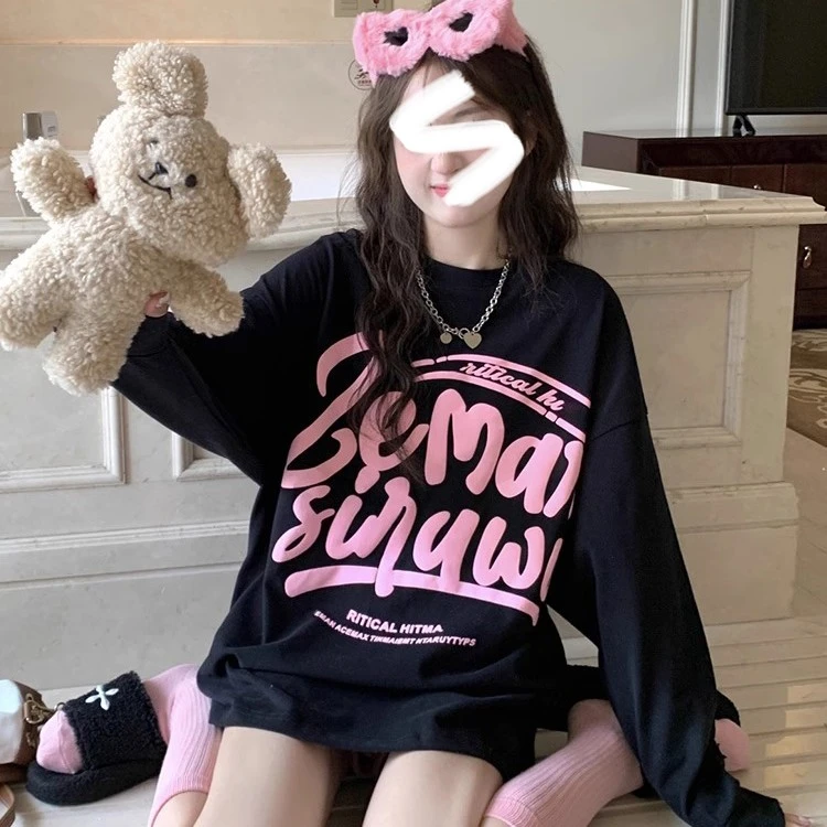 早秋韩版大码字母印花宽松下衣失踪长袖T恤女薄款卫衣中长款上衣