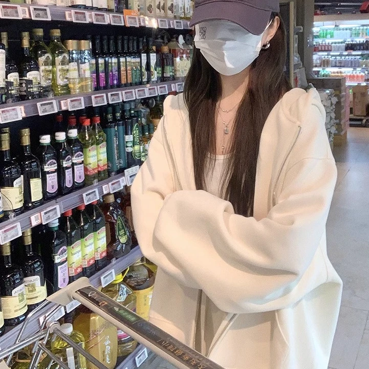 杏色落肩宽松连帽卫衣外套女春秋穿搭慵懒风中长款拉链开衫上衣