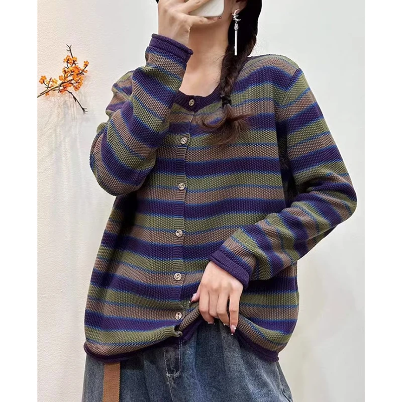 文艺条纹撞色针织衫女装春秋季新款开衫毛衣外套宽松休闲长袖上衣